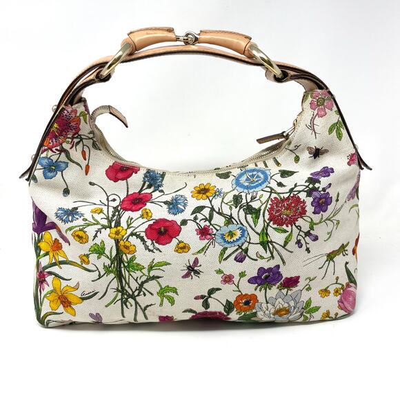 Gucci Horsebit Hobo Multicolor Flora Floral Cloth Leather Shoulder Bag Purse - Picture 1 of 17